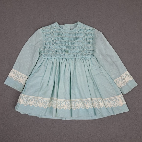 Handmade Dresses & Skirts - Vintage Handmade Girls Dress Size 4-5 Blue White Lace‎ Trimmed Polka Dot 50s 60s